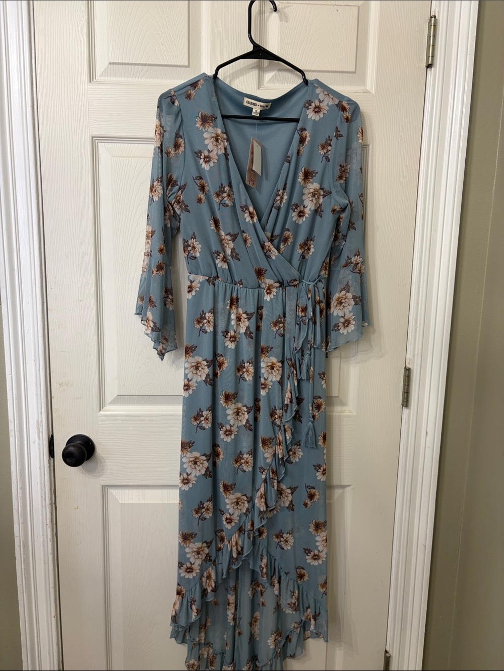 Boho Floral Wrap High-Low Dress in Dusty Blue